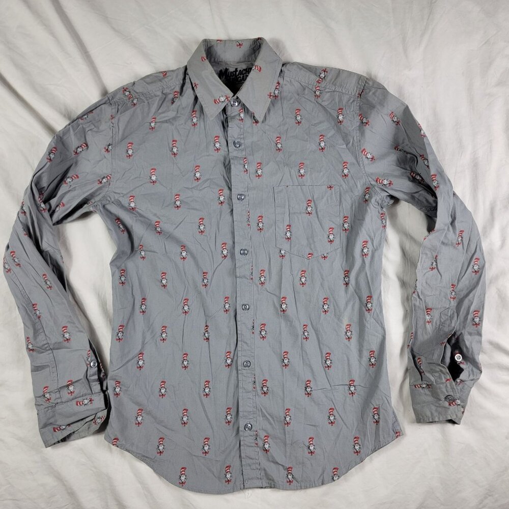 Dr Seuss Cat In The Hat Mustache Brigade Mens X Small Gray Long Sleeve Shirt